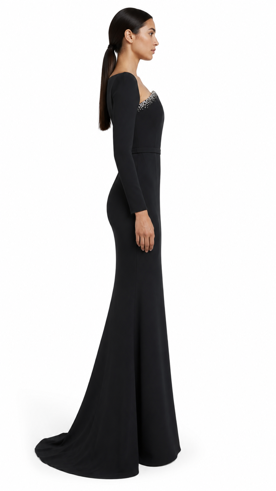 long-sleeve column gown with crystal-trimmed neckline – STELLA
