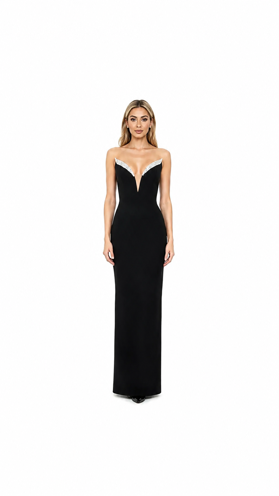 Black Crystal Trim Strapless Evening Dress – CELVÉRA