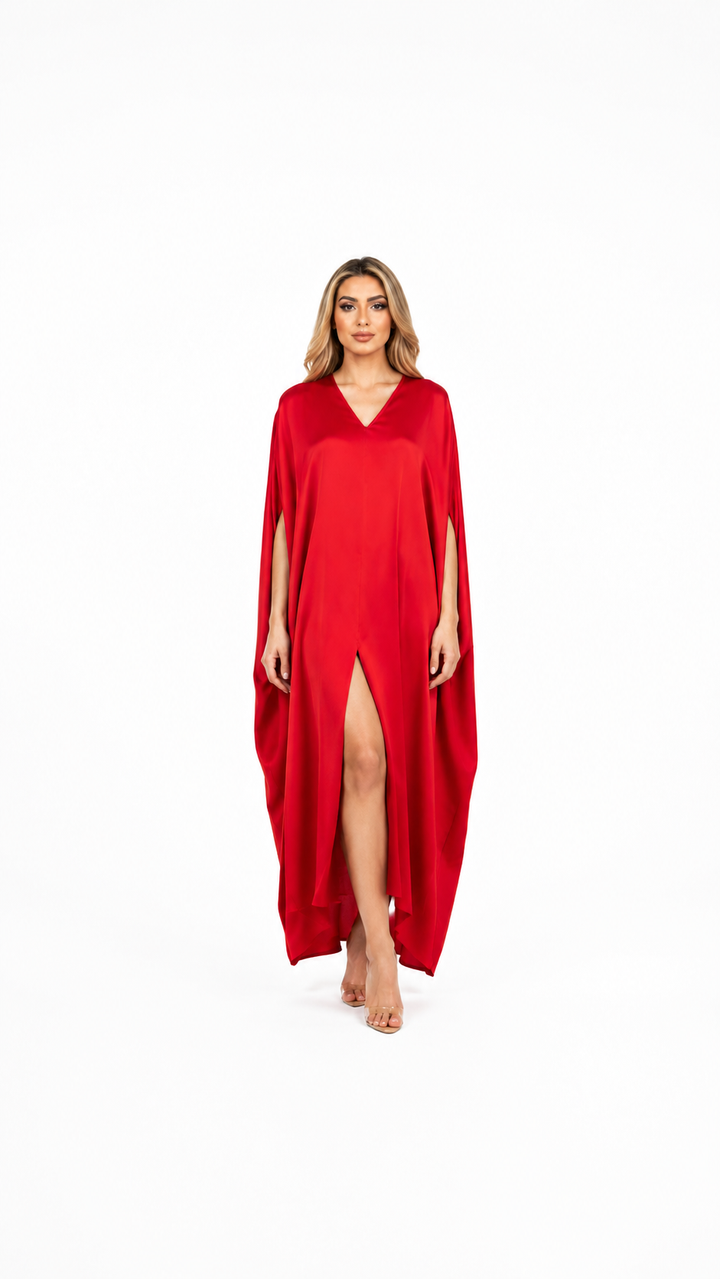 Red V-Neck Cape Midi Dress – VELORIA