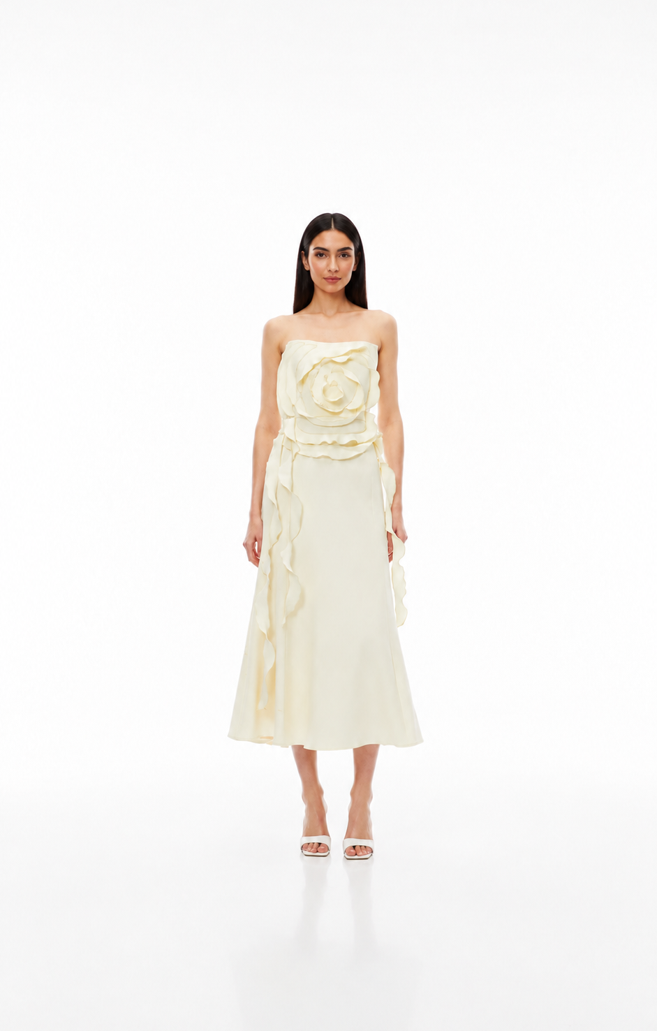Ivory 3D Rose Strapless Midi Dress – FIOREVA