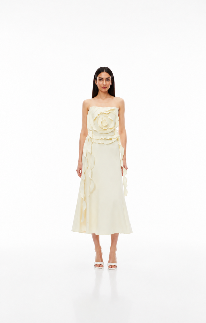 Ivory 3D Rose Strapless Midi Dress – FIOREVA