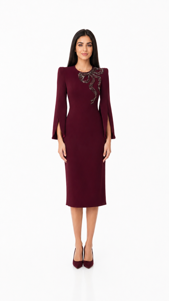 Burgundy Embellished Bow Midi Dress – VERA