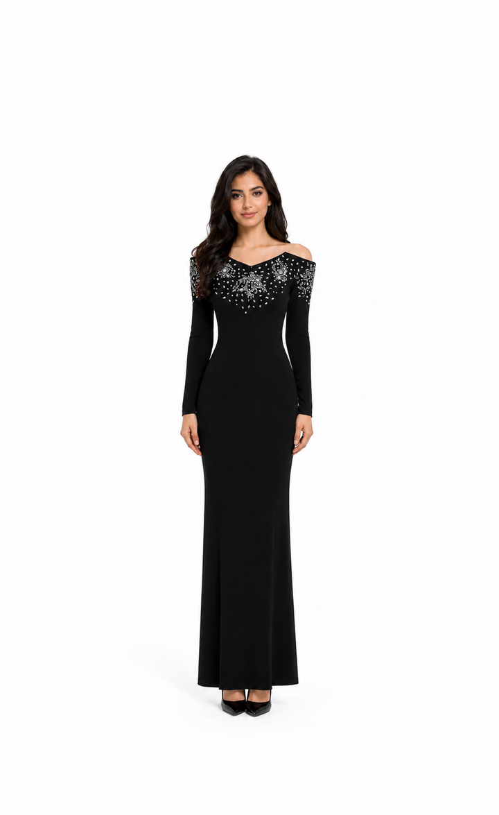 embellished cold-shoulder evening gown with beaded neckline – LYRSA