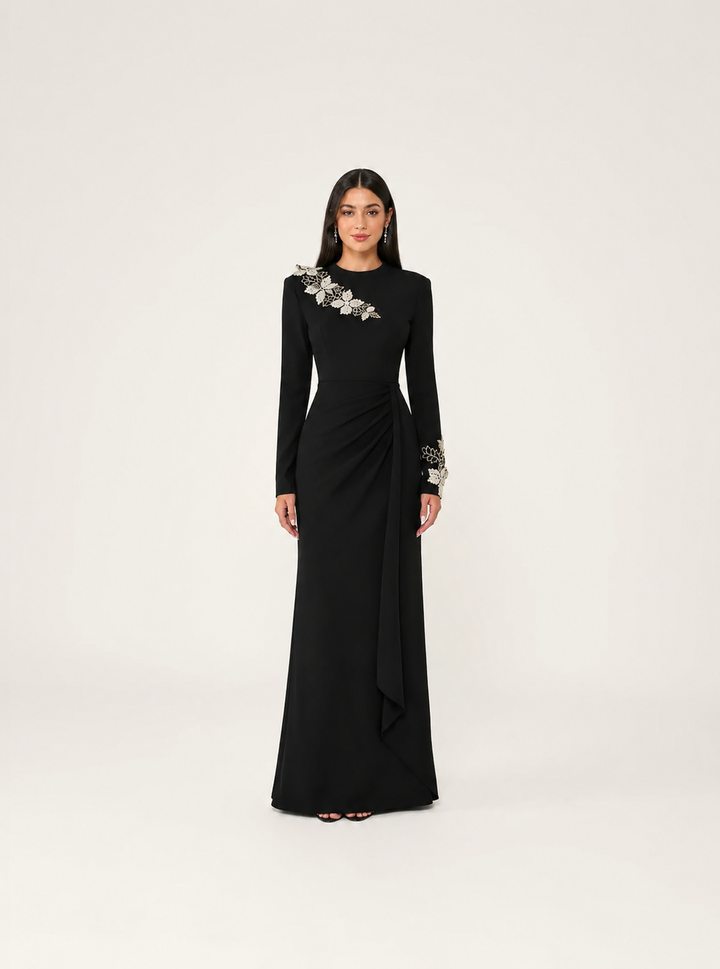 Floral Appliqué Draped Gown – Noir