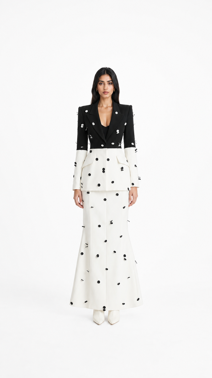Colorblock Polka Dot Tailored Blazer & Pencil Skirt Set - Celeste