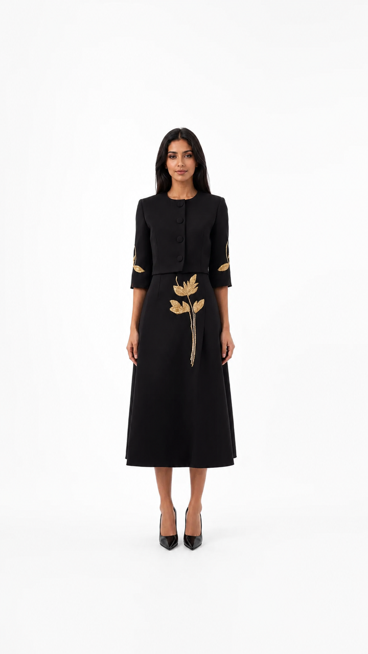Embroidered Cropped Jacket & Midi Skirt Set - Vera