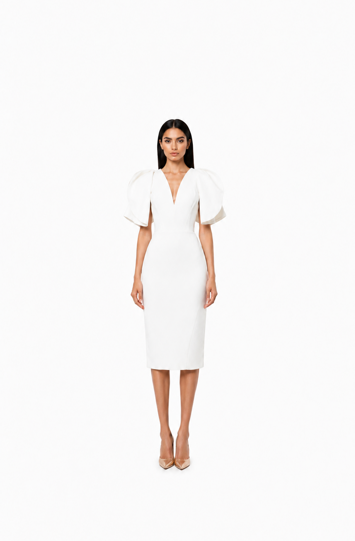 White Sculptural Sleeve Midi Dress – ALVESSA