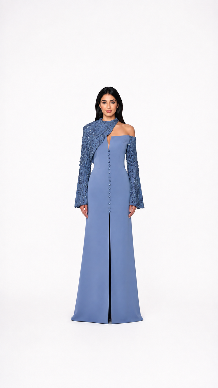 Dusty Blue Embellished Asymmetric Evening Gown – VIRELLE