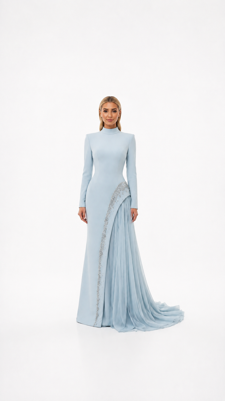 Ice Blue Crystal Draped Evening Gown – CELVINA