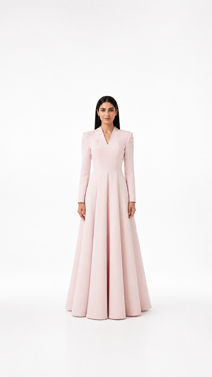 Blush Pink Embellished Shoulder Evening Gown – SERELIA