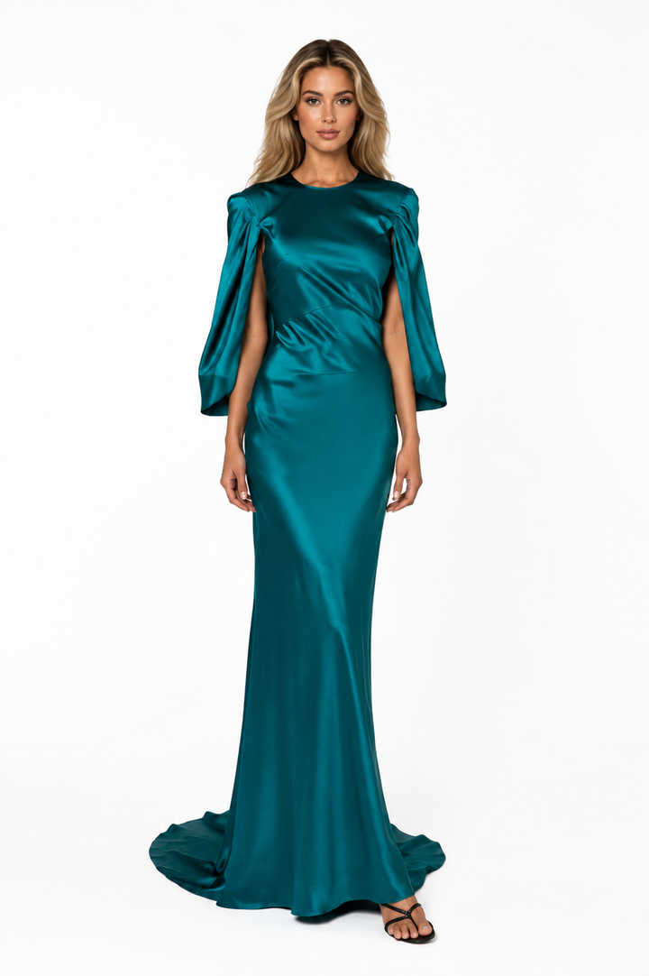 Satin Cape Sleeve Mermaid Maxi Dress – TEALORA