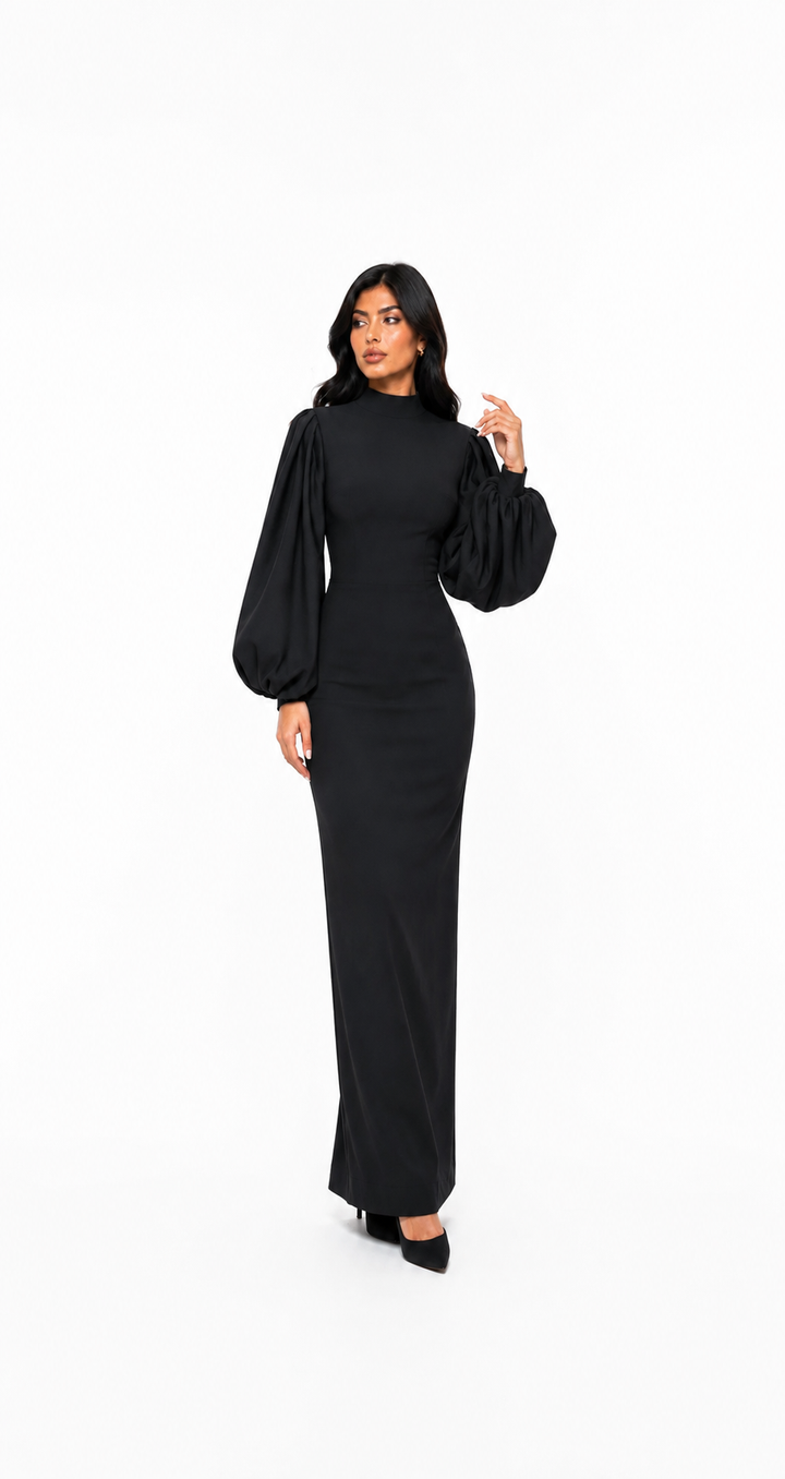 High-Neck Balloon-Sleeve Gown – Noir