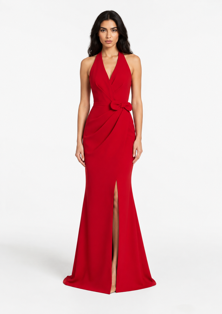 halter wrap gown with bow waist detail – VALENTINA