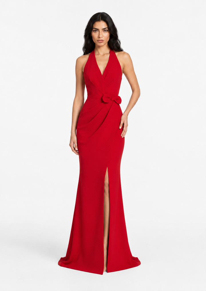 halter wrap gown with bow waist detail – VALENTINA