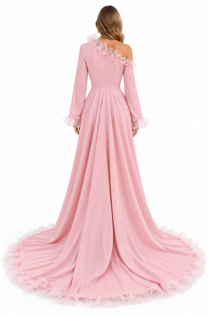 Blush Pink Ruffle Trim Evening Gown – ROSAVÉ