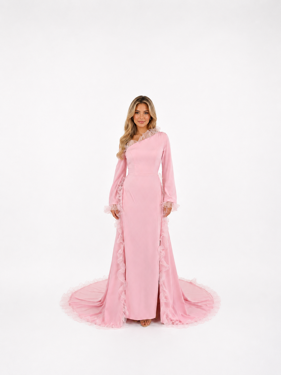 Blush Pink Ruffle Trim Evening Gown – ROSAVÉ