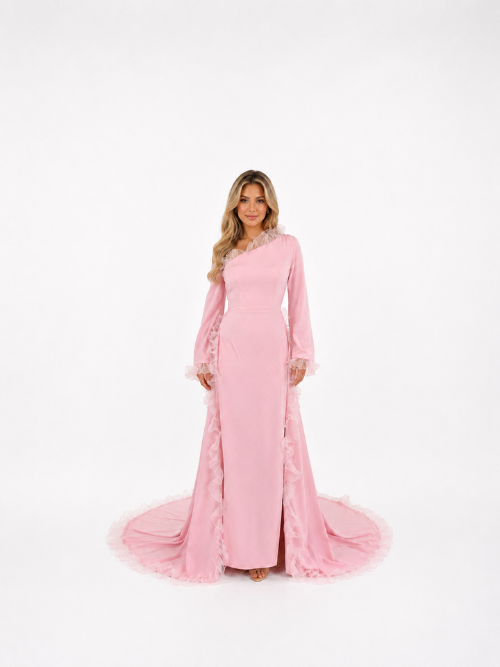 Blush Pink Ruffle Trim Evening Gown – ROSAVÉ