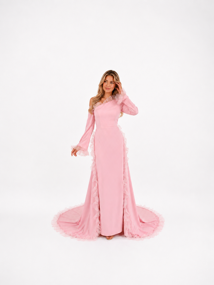 Blush Pink Ruffle Trim Evening Gown – ROSAVÉ