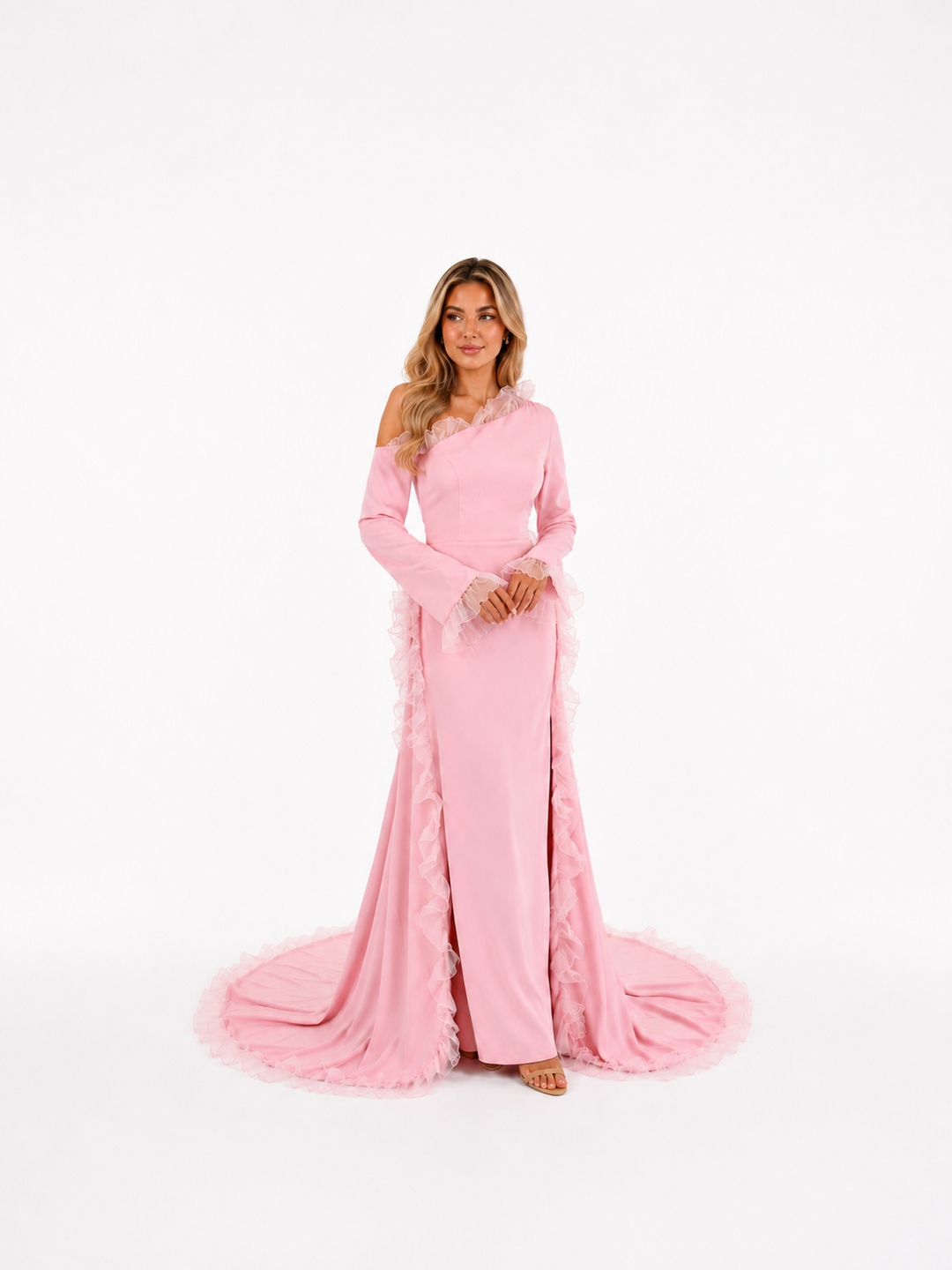 Blush Pink Ruffle Trim Evening Gown – ROSAVÉ