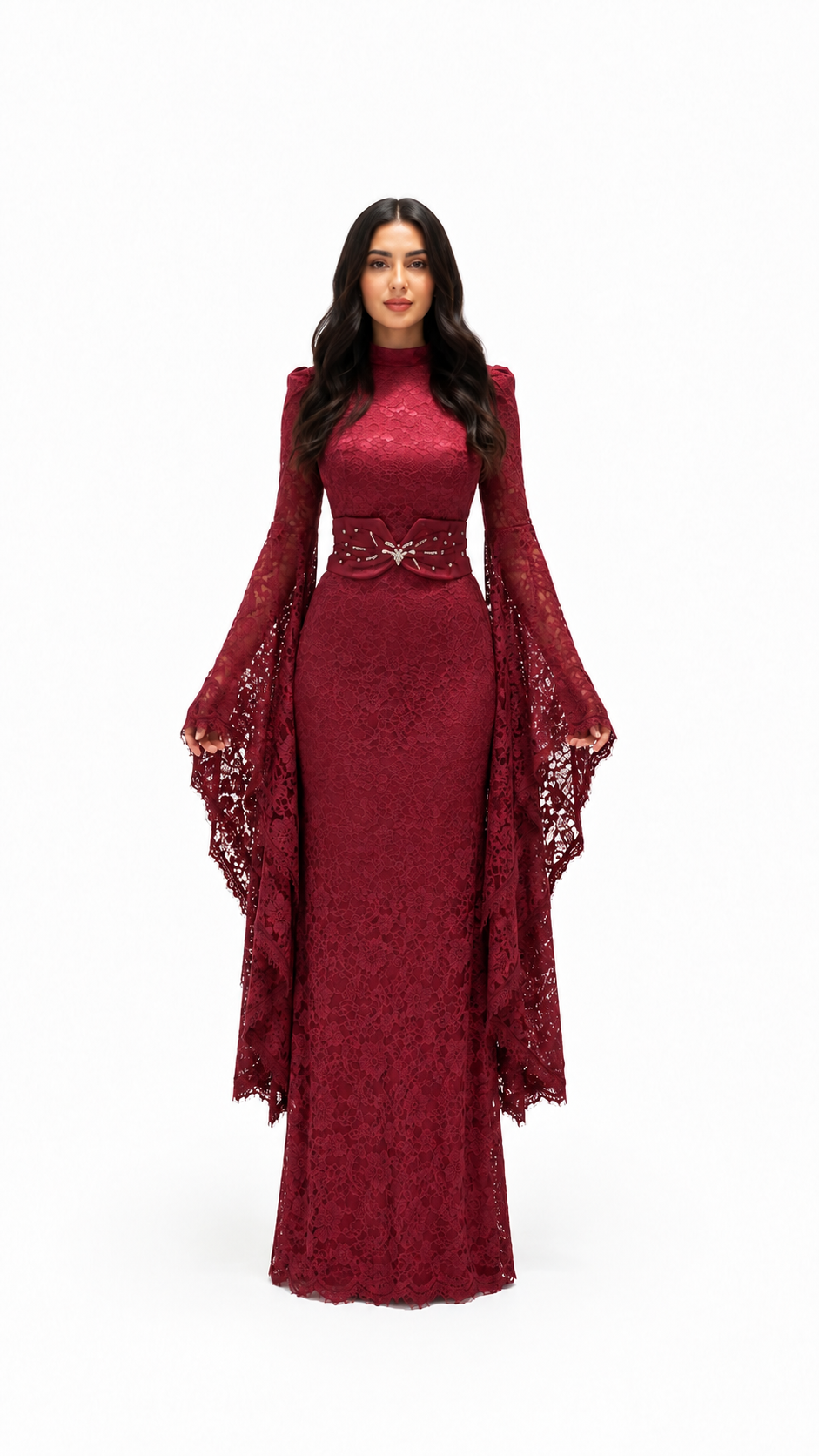 Burgundy Lace Cape Sleeve Evening Gown – AMARIS