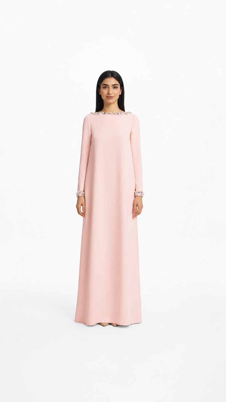 long-sleeve A-line gown with crystal-trimmed neckline – LUMINA