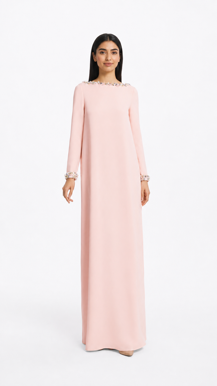 long-sleeve A-line gown with crystal-trimmed neckline – LUMINA