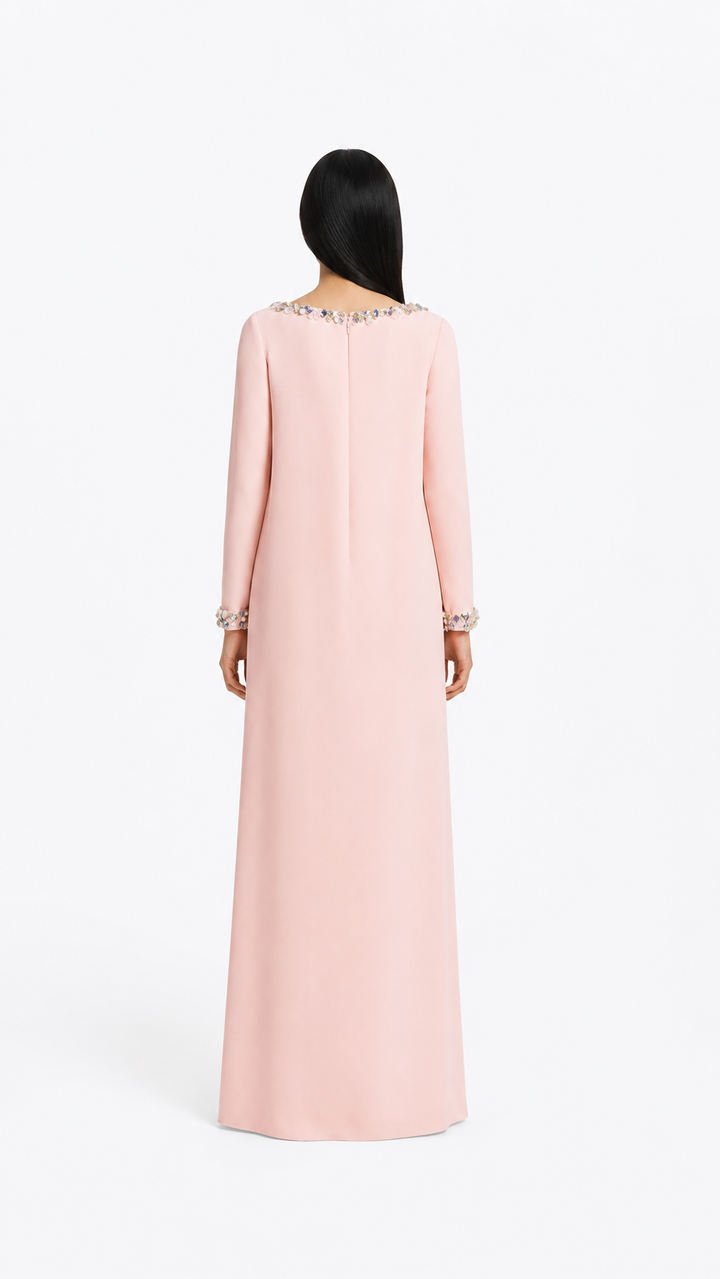 long-sleeve A-line gown with crystal-trimmed neckline – LUMINA
