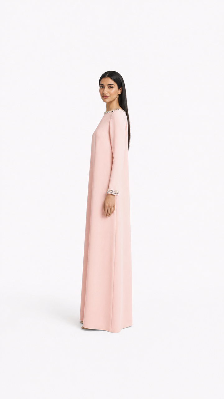 long-sleeve A-line gown with crystal-trimmed neckline – LUMINA