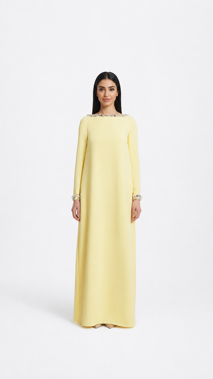 long-sleeve A-line gown with crystal-trimmed neckline – LUMINA