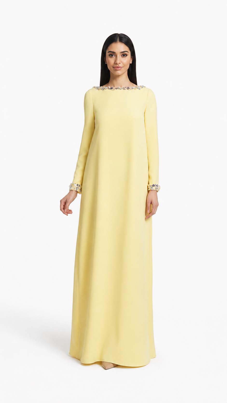 long-sleeve A-line gown with crystal-trimmed neckline – LUMINA