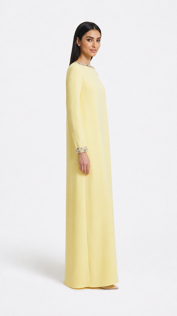 long-sleeve A-line gown with crystal-trimmed neckline – LUMINA