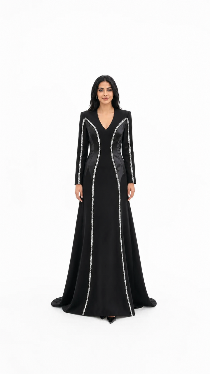 Black Crystal Trim V-Neck Mermaid Evening Dress – VIRE