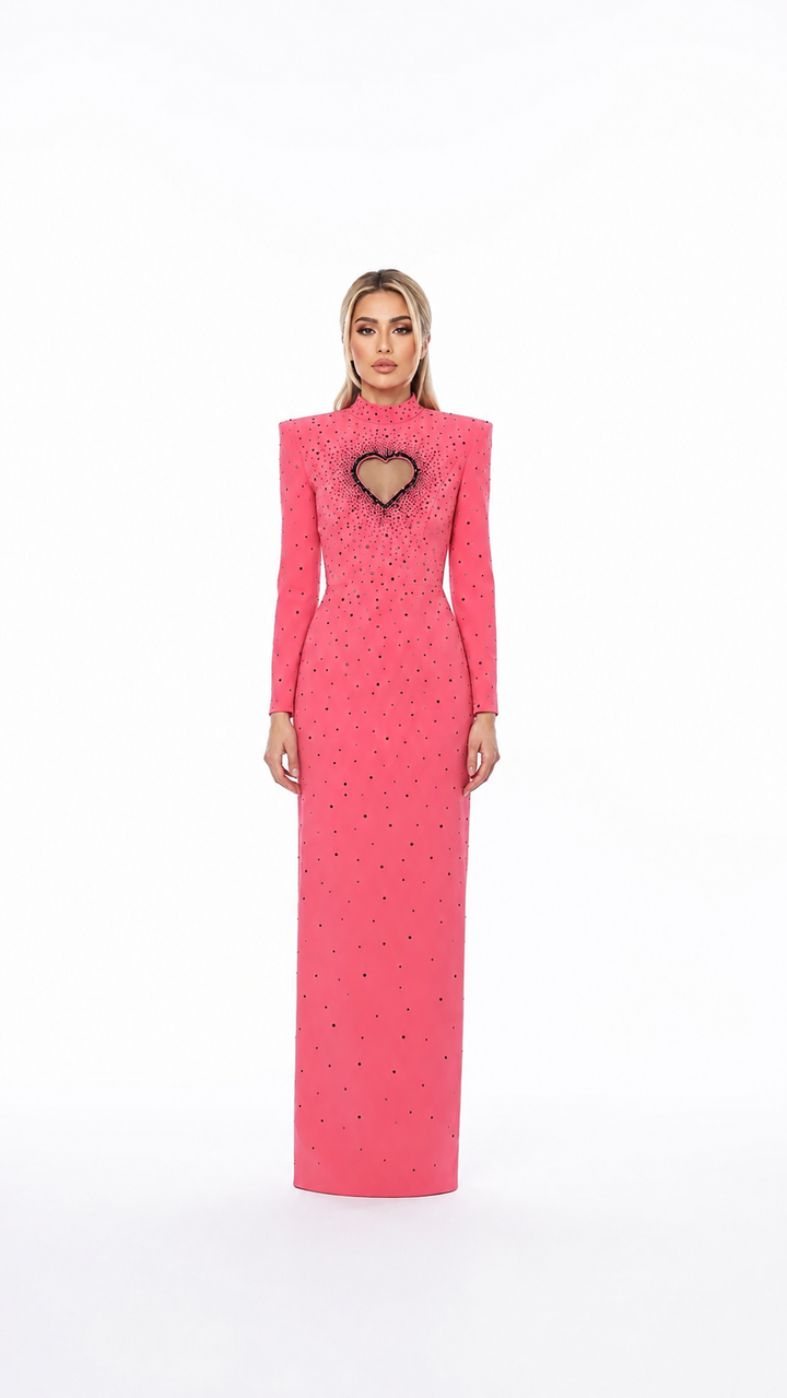 Pink Crystal Heart Cutout Evening Gown – ROSALIA