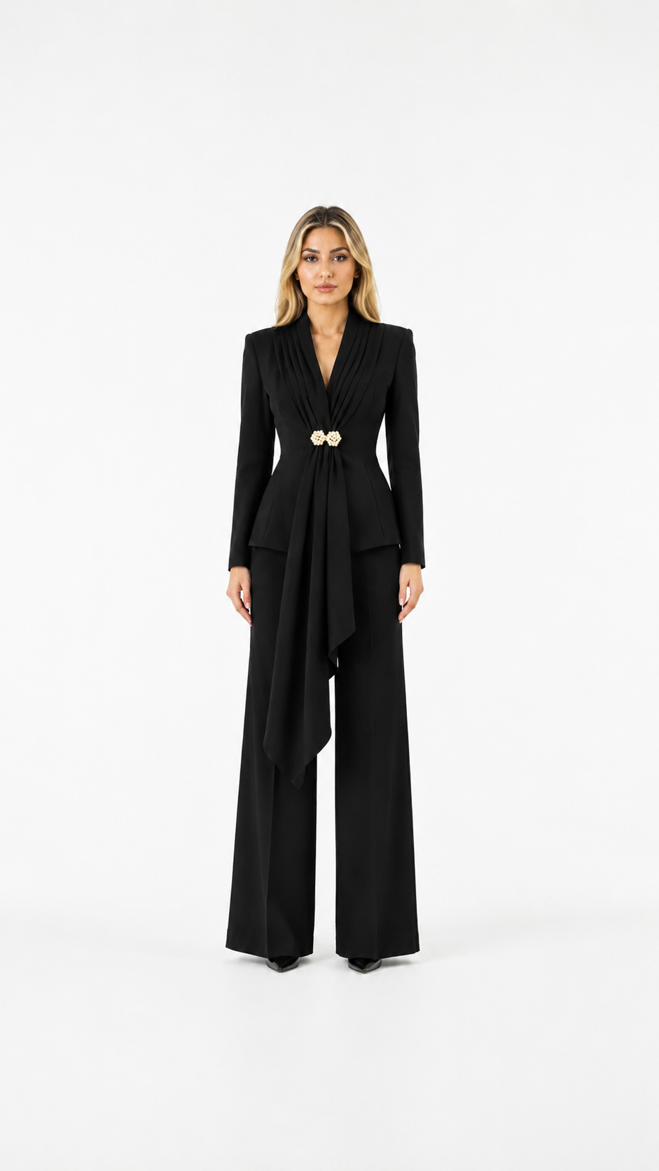Black Draped Blazer & Wide-Leg Pants Set – MONTRÉA
