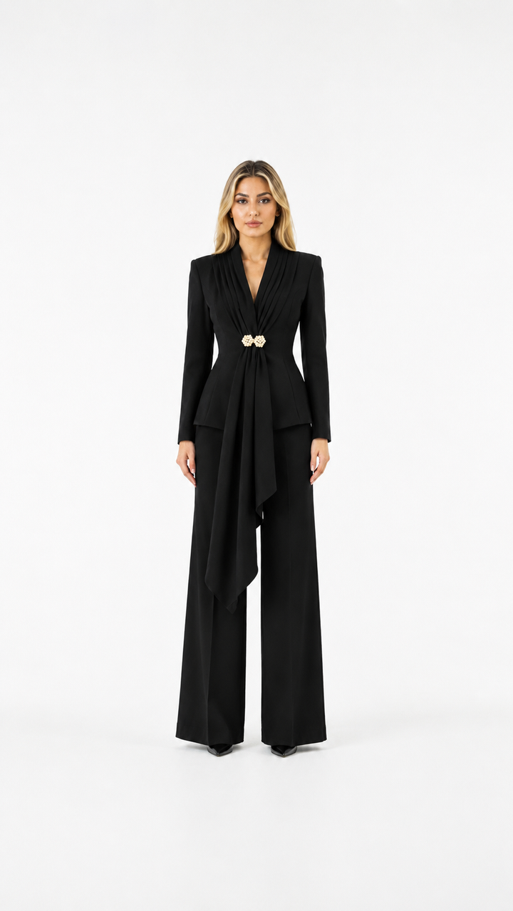 Black Draped Blazer & Wide-Leg Pants Set – MONTRÉA