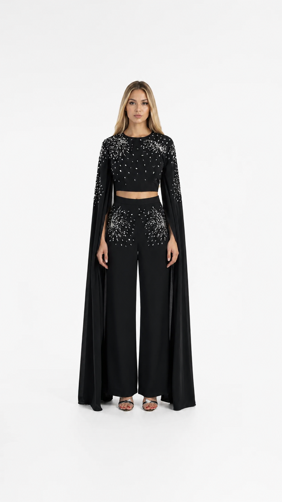 Black Crystal Embellished Cape Two-Piece Set – CELESTIA
