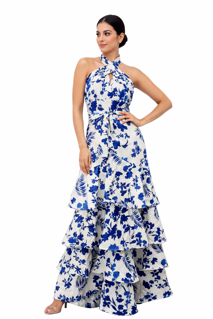 halter neck tiered ruffle maxi dress – AZURE