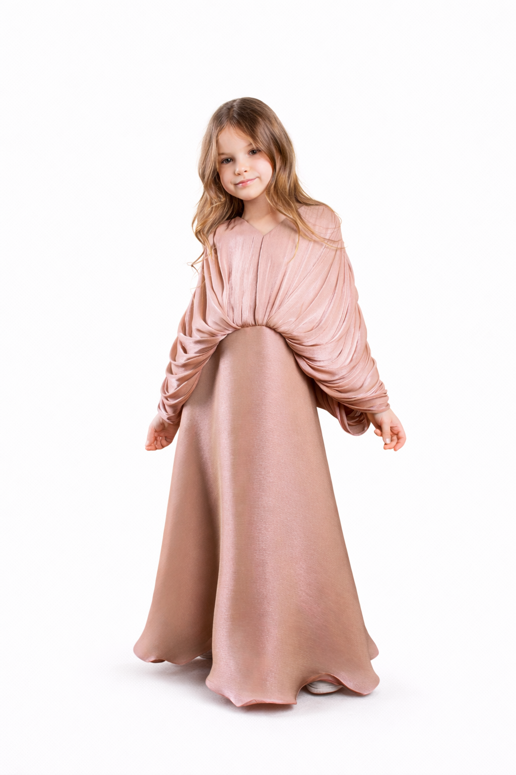 Draped Cape Maxi Dress with Soft Metallic Finish – ROSE