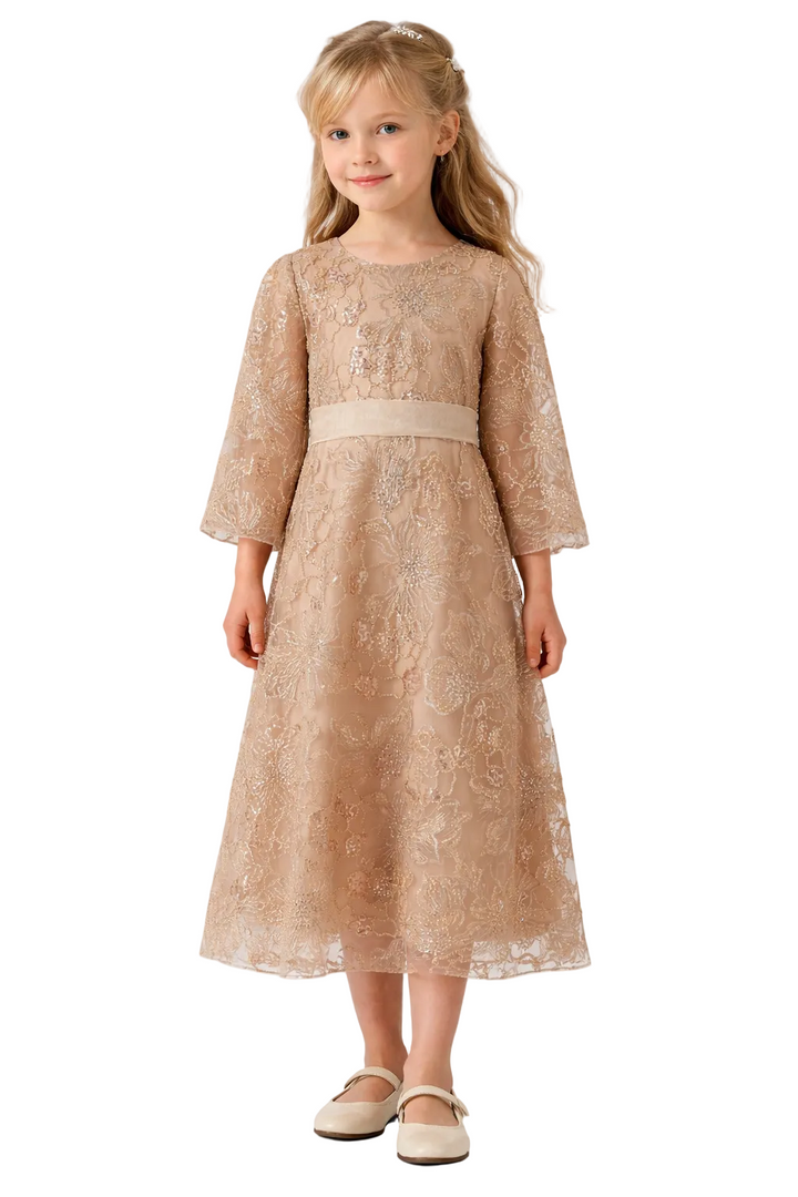 Embroidered Lace Midi Dress with Tie Waist – GOLDEN