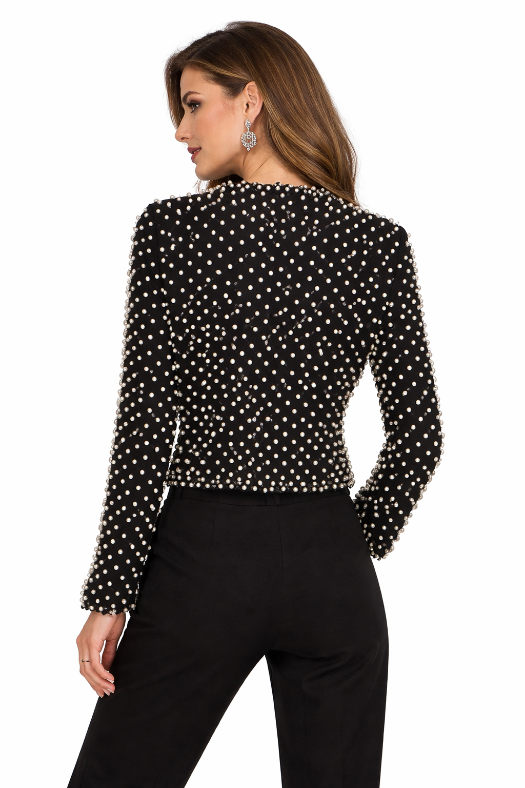 cropped black jacket with pearl stud embellishment – PEARLÉ
