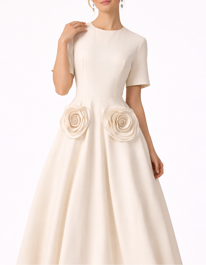 Short-Sleeve A-Line Maxi Dress with Floral Waist Appliqués – LUMINA