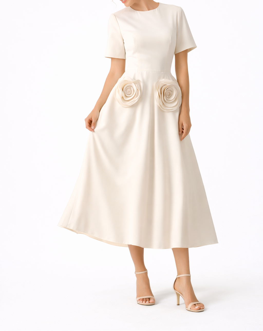 Short-Sleeve A-Line Maxi Dress with Floral Waist Appliqués – LUMINA