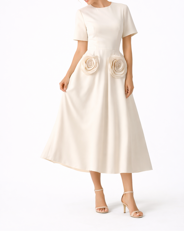 Short-Sleeve A-Line Maxi Dress with Floral Waist Appliqués – LUMINA