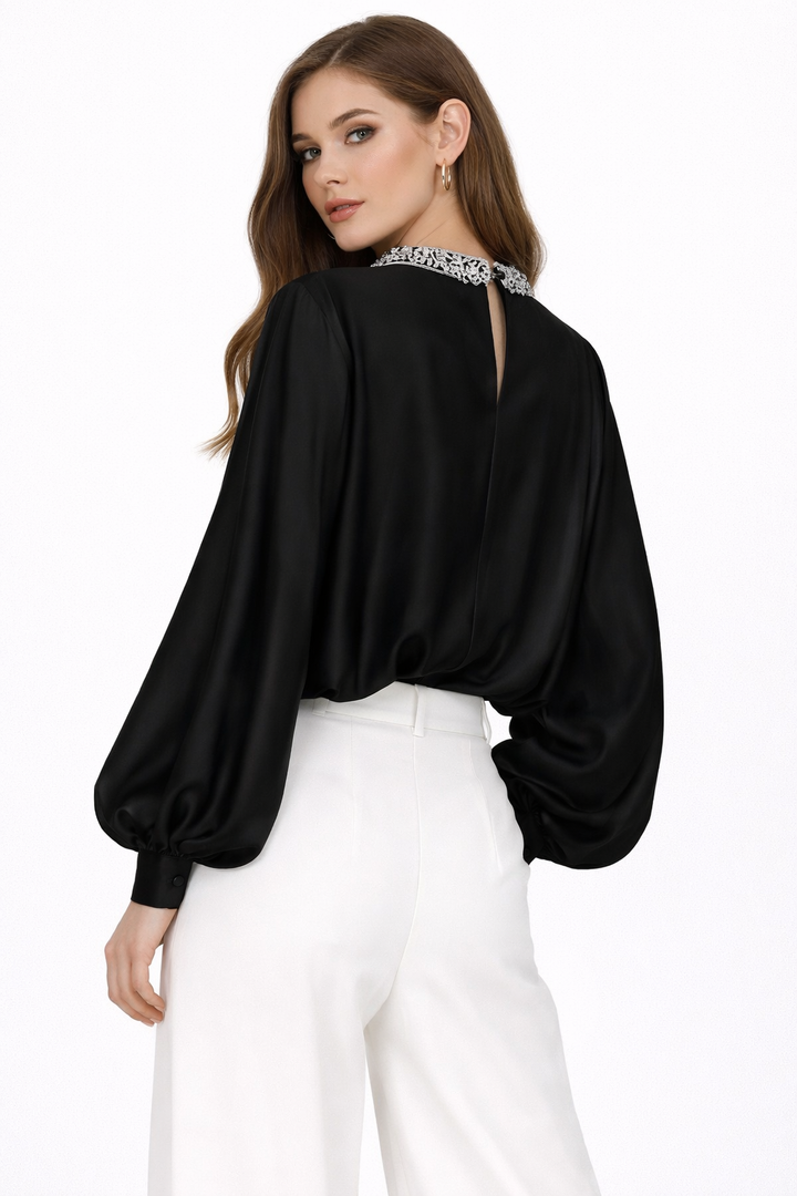 embellished high-neck satin blouse with balloon sleeves – SERENA