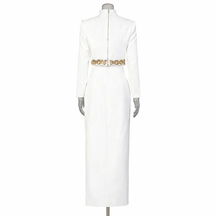 long-sleeve high-neck midi dress with gold trim slit – KHALAD