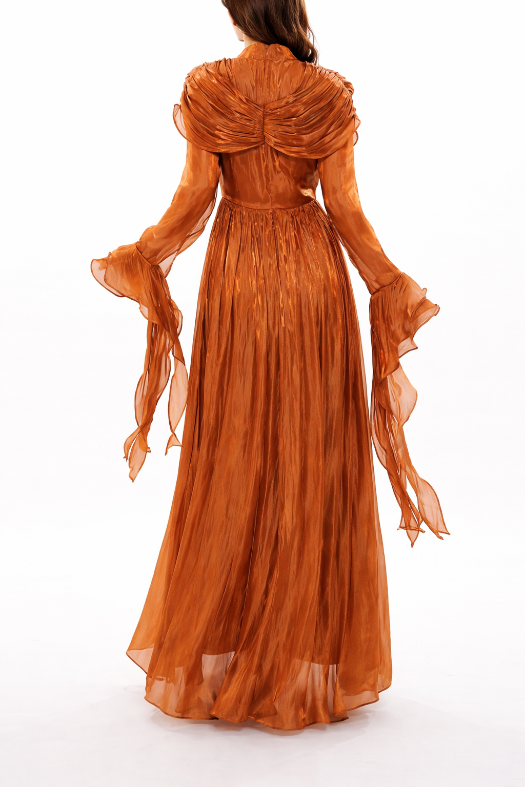 High-neck draped chiffon maxi dress with pleated skirt – AMARA –