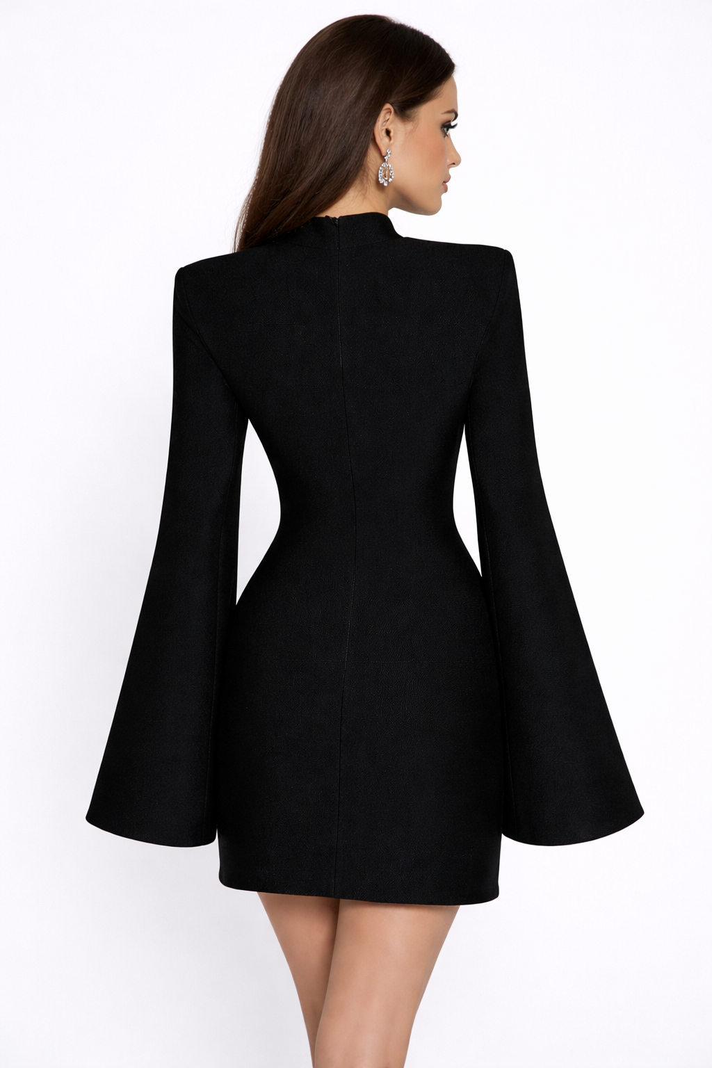 high-neck mini dress with slit sleeves and crystal waist detail – VEIL