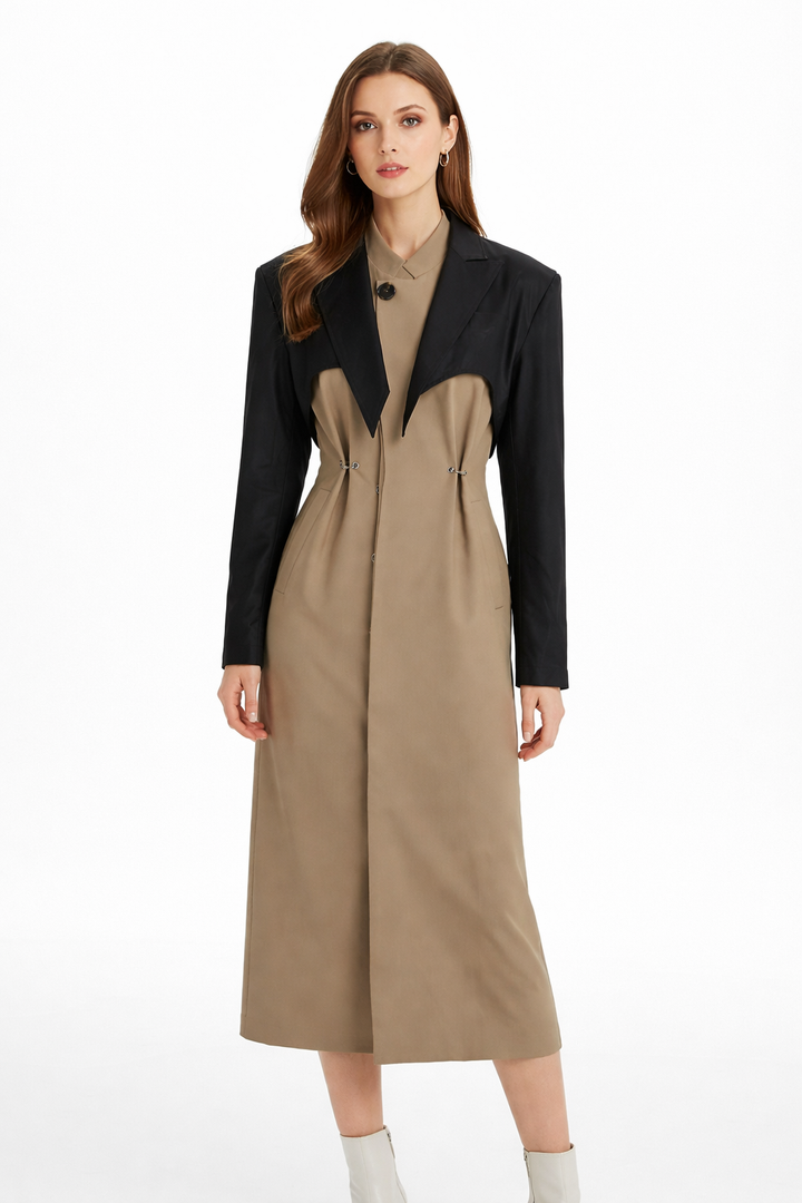 contrast-panel tailored midi coat with sculpted waist – DUET