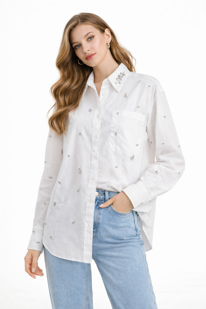embellished sheer button-down shirt with crystal details – LUMIÈRE