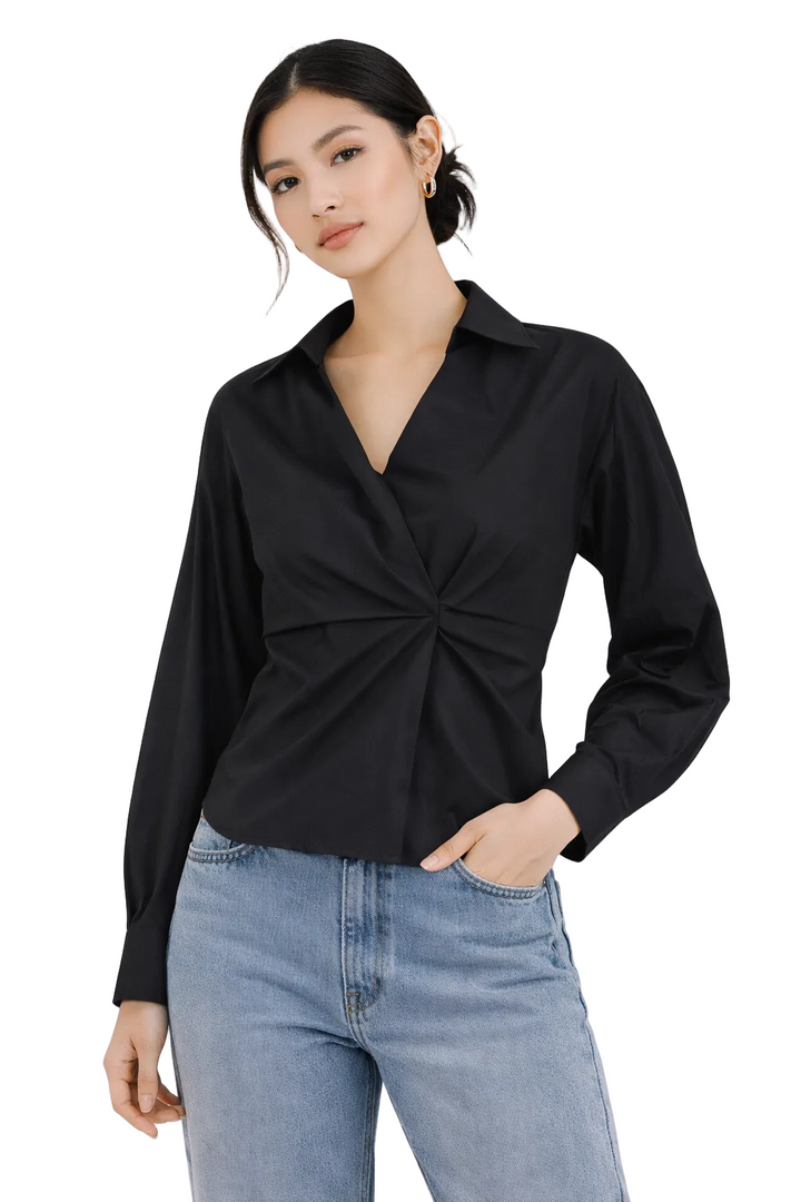 V-Neck Wrap Blouse with Cinched Waist – NOIRA
